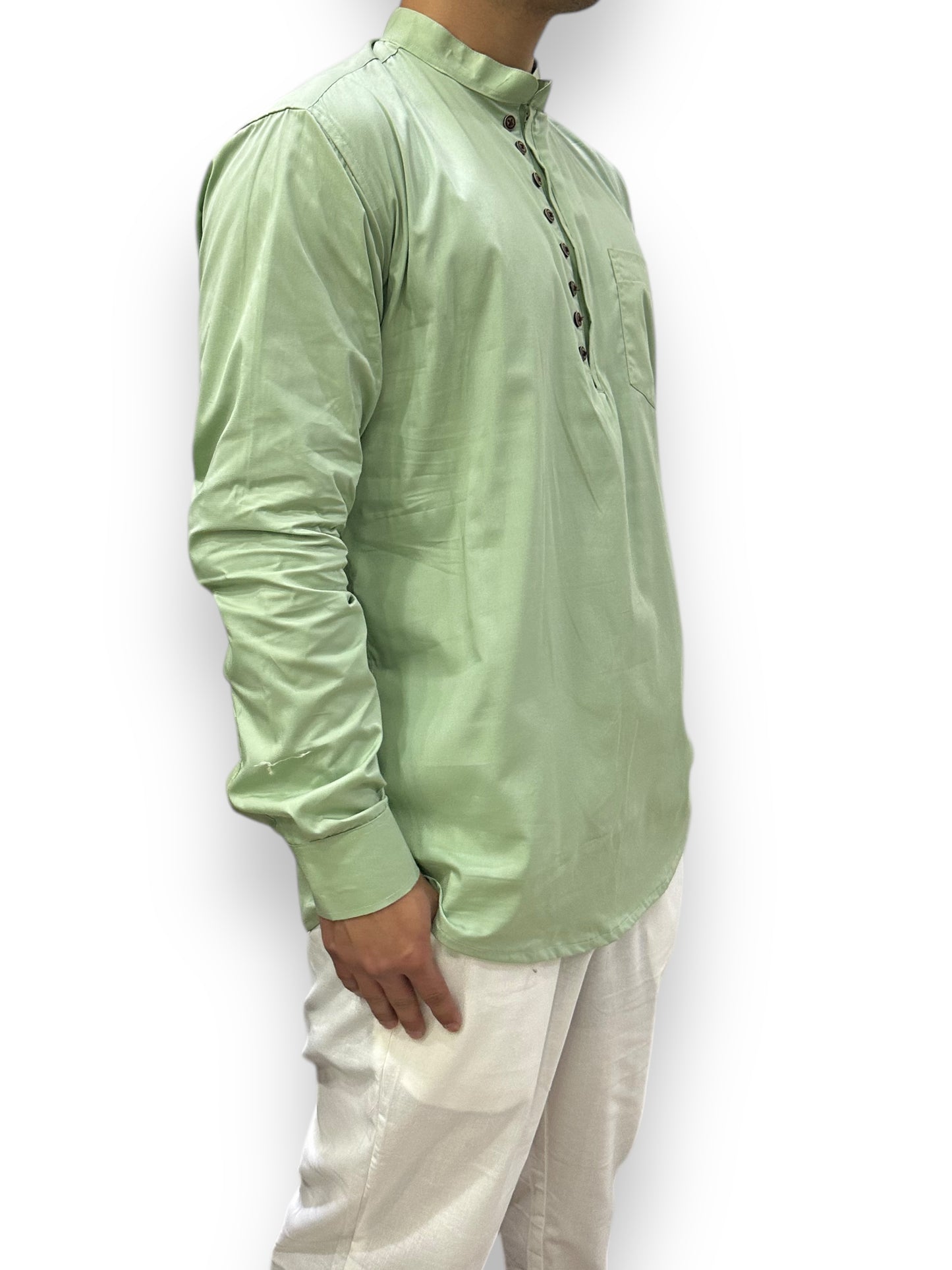 Camisa Verde Claro de Hombre Mangas Largas Cuello Chino