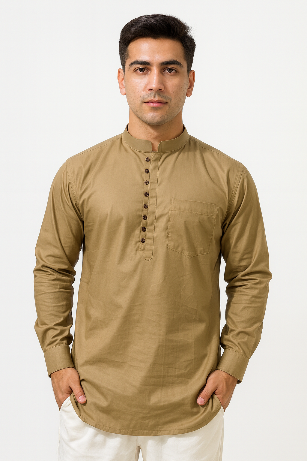 Camisa Khakhi de Hombre Mangas Largas Cuello Chino