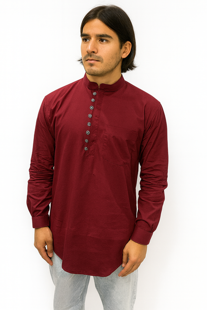 Men's Wine Long-Sleeved Mandarin Collar Shirt