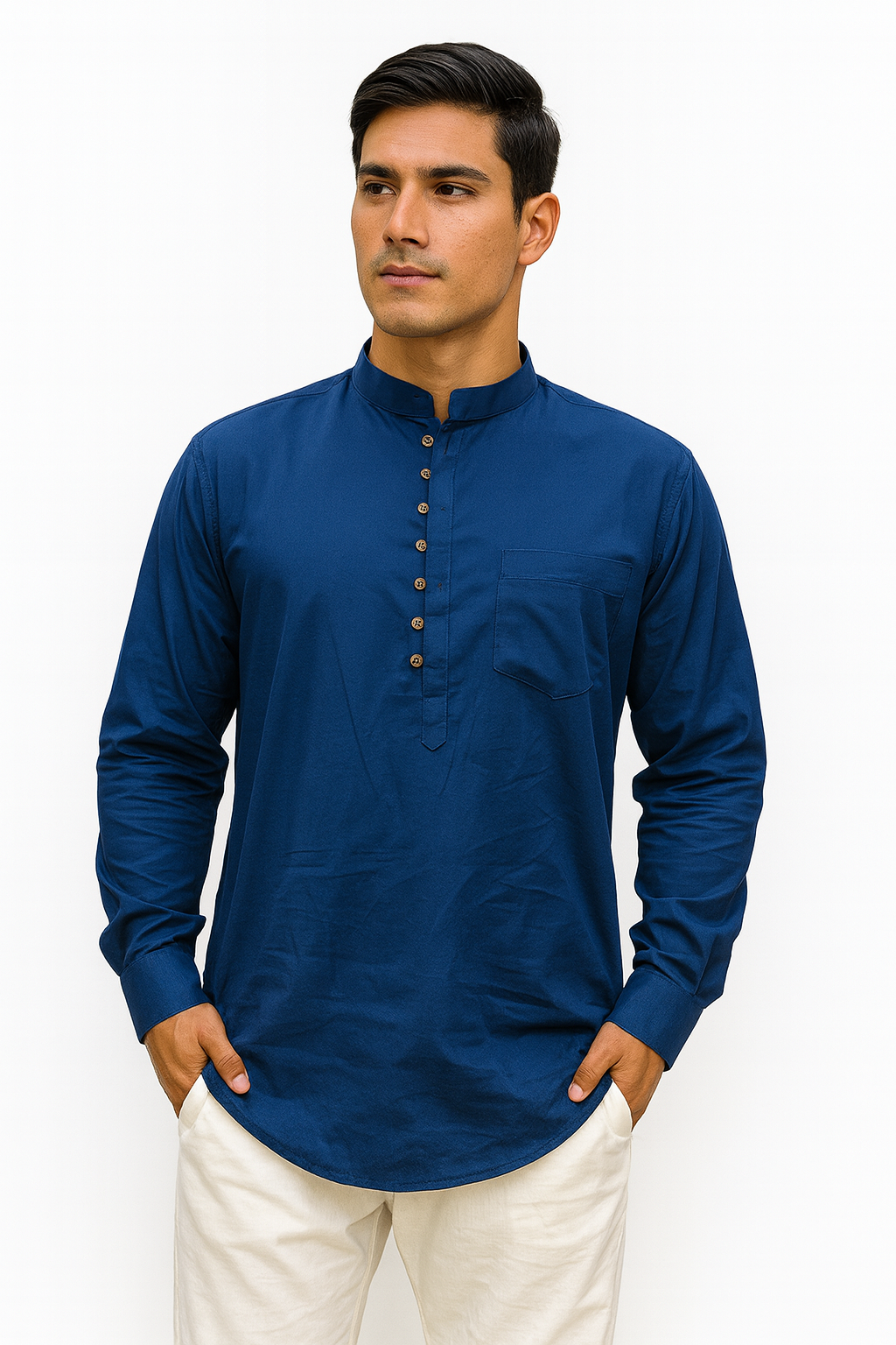 Camisa Azul Marino de Hombre Mangas Largas Cuello Chino