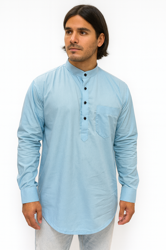 Camisa Azul Cielo Hombre Mangas Largas Cuello Chino