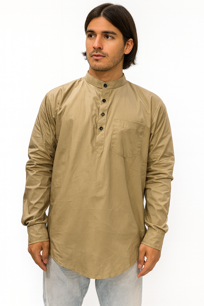 Camisa Khaki Hombre Mangas Largas Cuello Chino