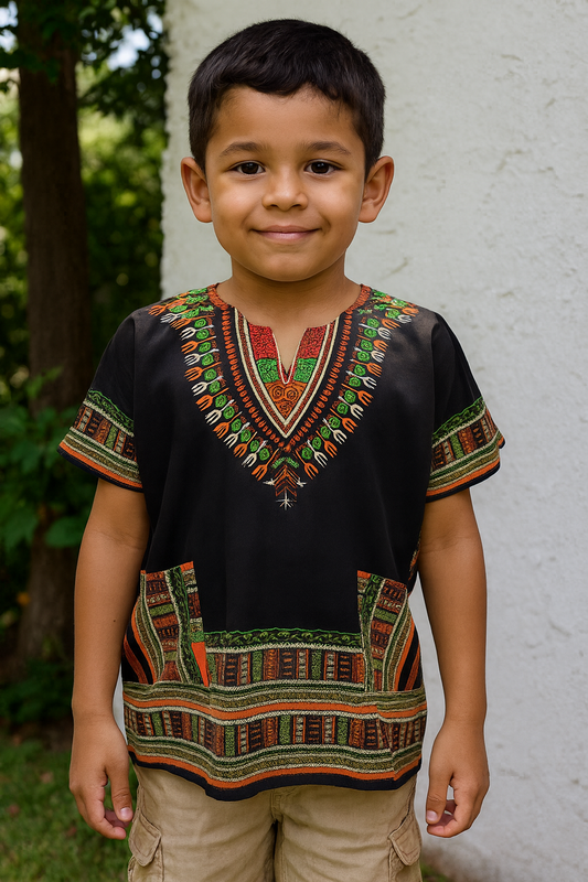 Camisa Juvenil con Estampado Afrocaribeño Negro
