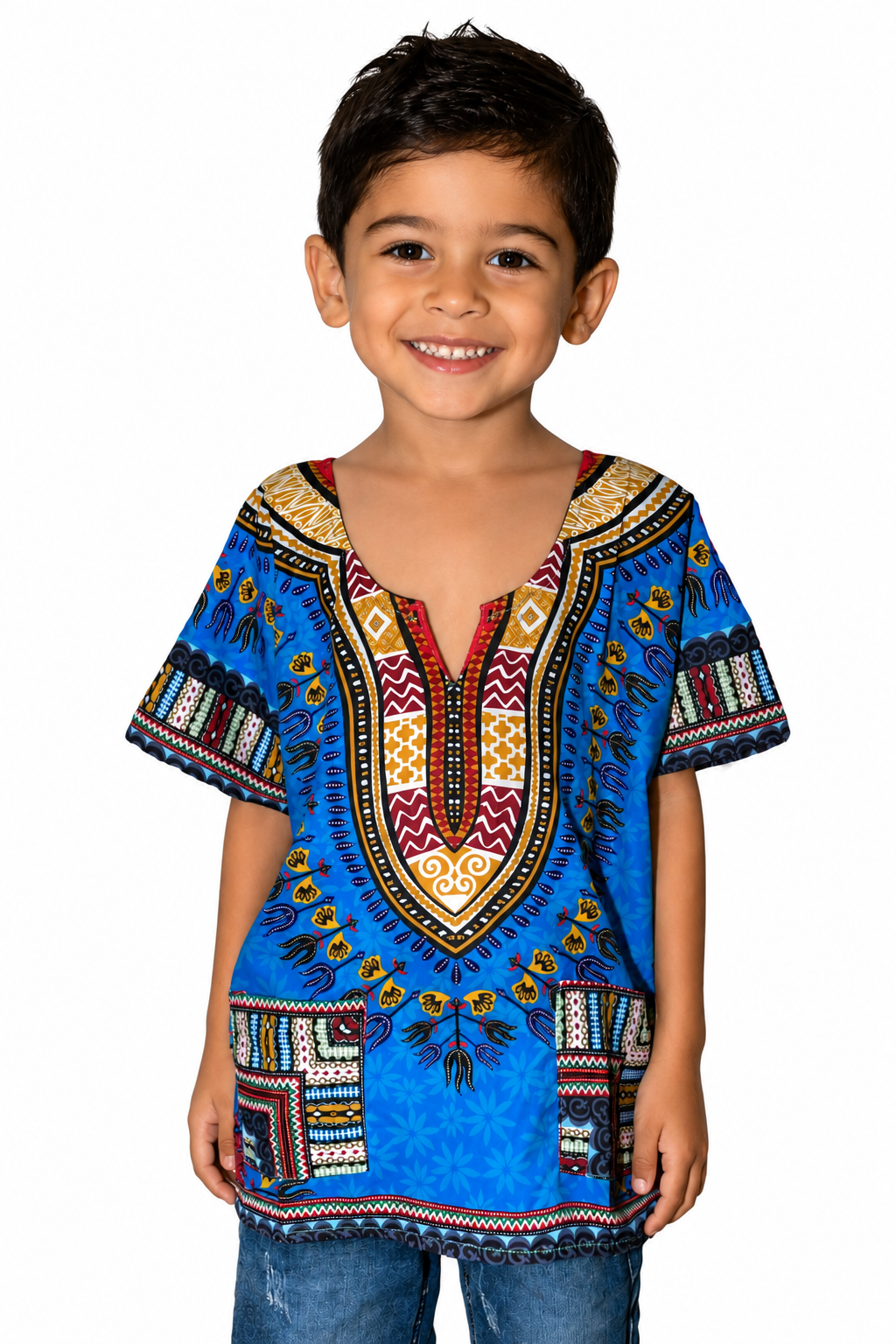 Camisa Dashiki de Niño Afrocaribeño Azul con Bolsillos Liquidación (Sólo en Tienda Física)