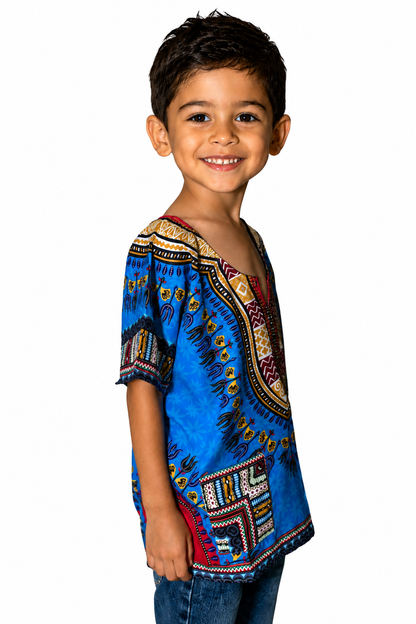 Camisa Dashiki de Niño Afrocaribeño Azul con Bolsillos Liquidación (Sólo en Tienda Física)