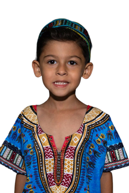 Oferta Combo Camisa Dashiki Afrodescendiente Azul de Niño + Sombrero (Kufi) Combinado