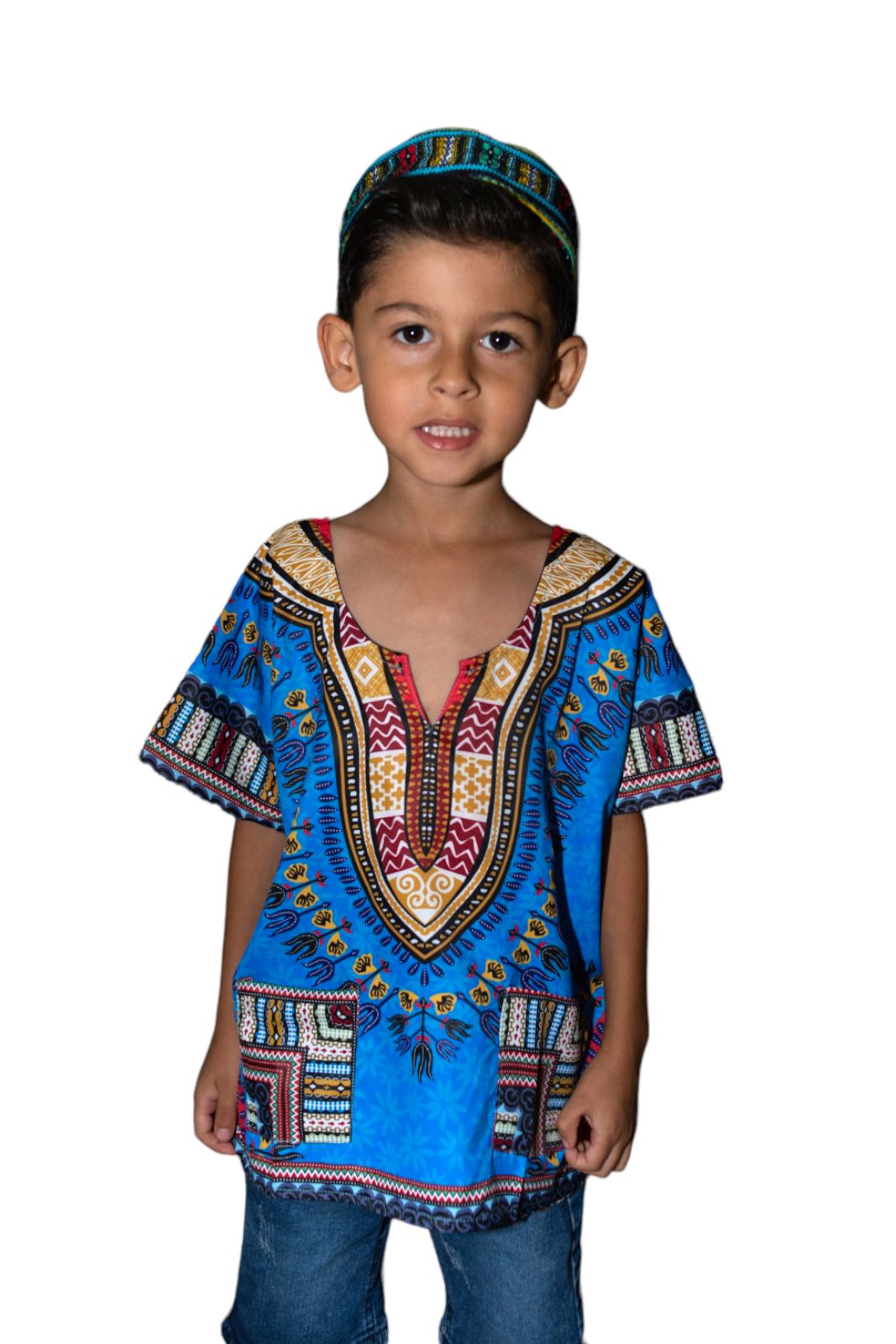 Oferta Combo Camisa Dashiki Afrodescendiente Azul de Niño + Sombrero (Kufi) Combinado