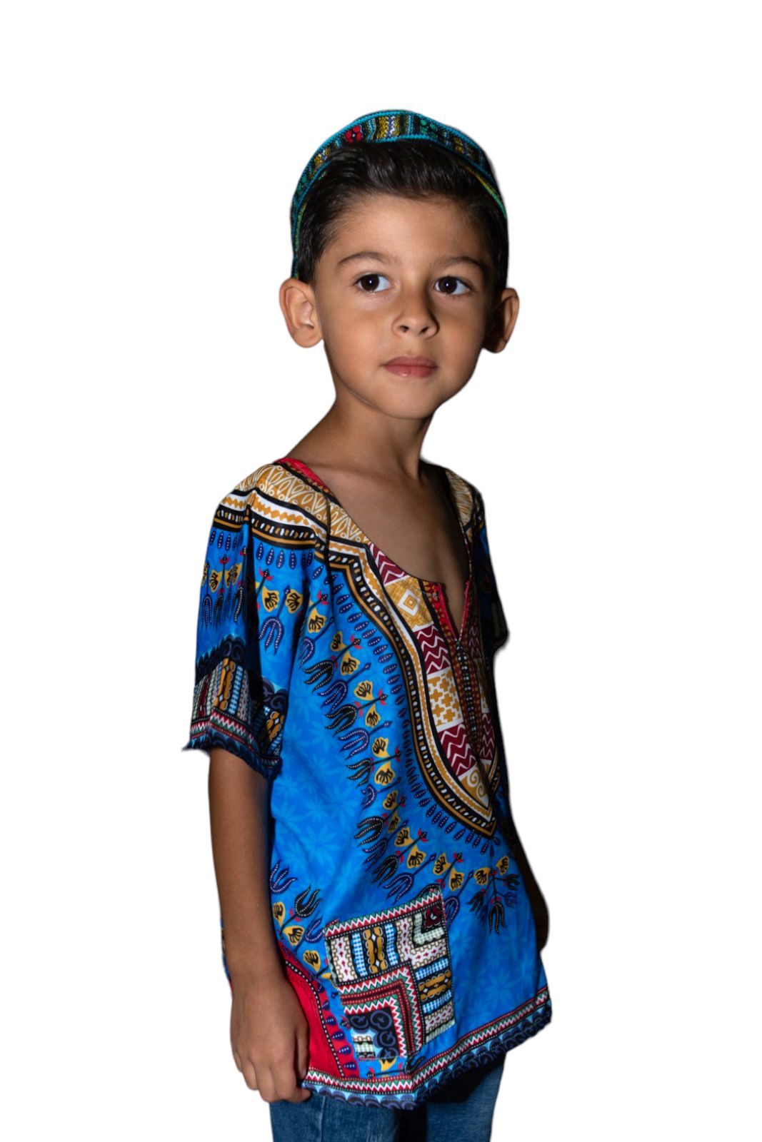 Oferta Combo Camisa Dashiki Afrodescendiente Azul de Niño + Sombrero (Kufi) Combinado