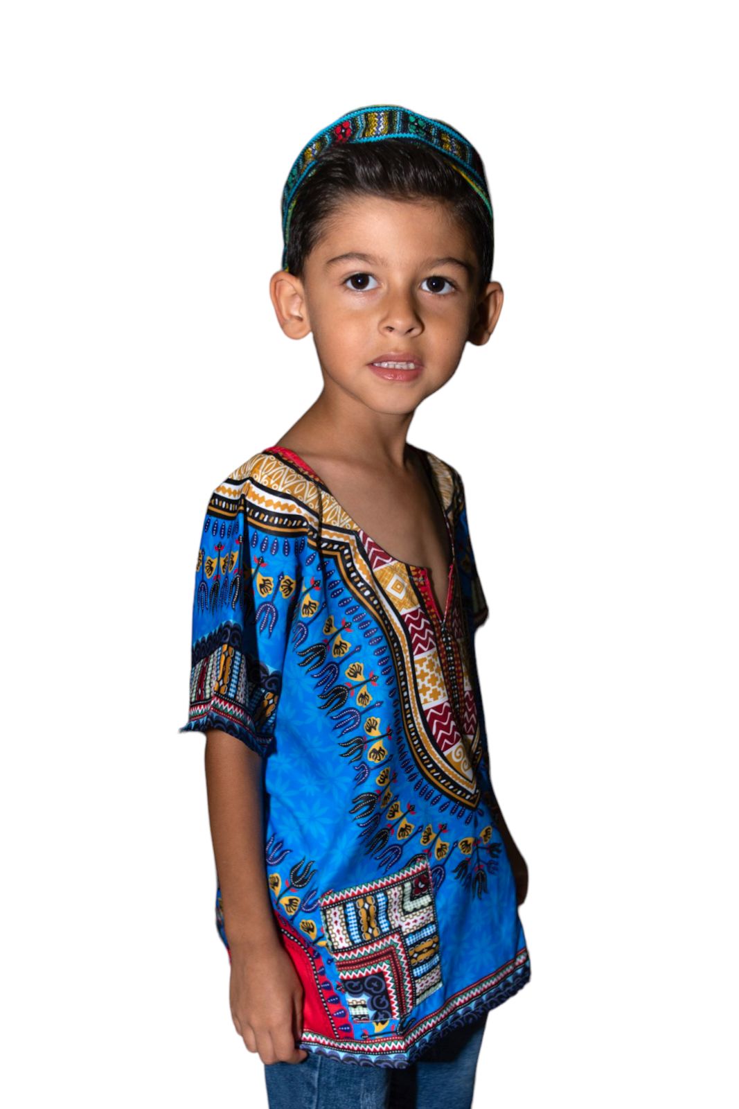 Oferta Combo Camisa Dashiki Afrodescendiente Azul de Niño + Sombrero (Kufi) Combinado