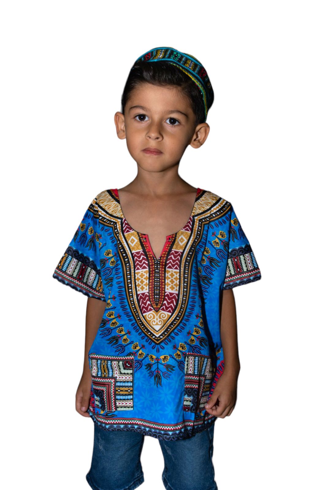 Oferta Combo Camisa Dashiki Afrodescendiente Azul de Niño + Sombrero (Kufi) Combinado