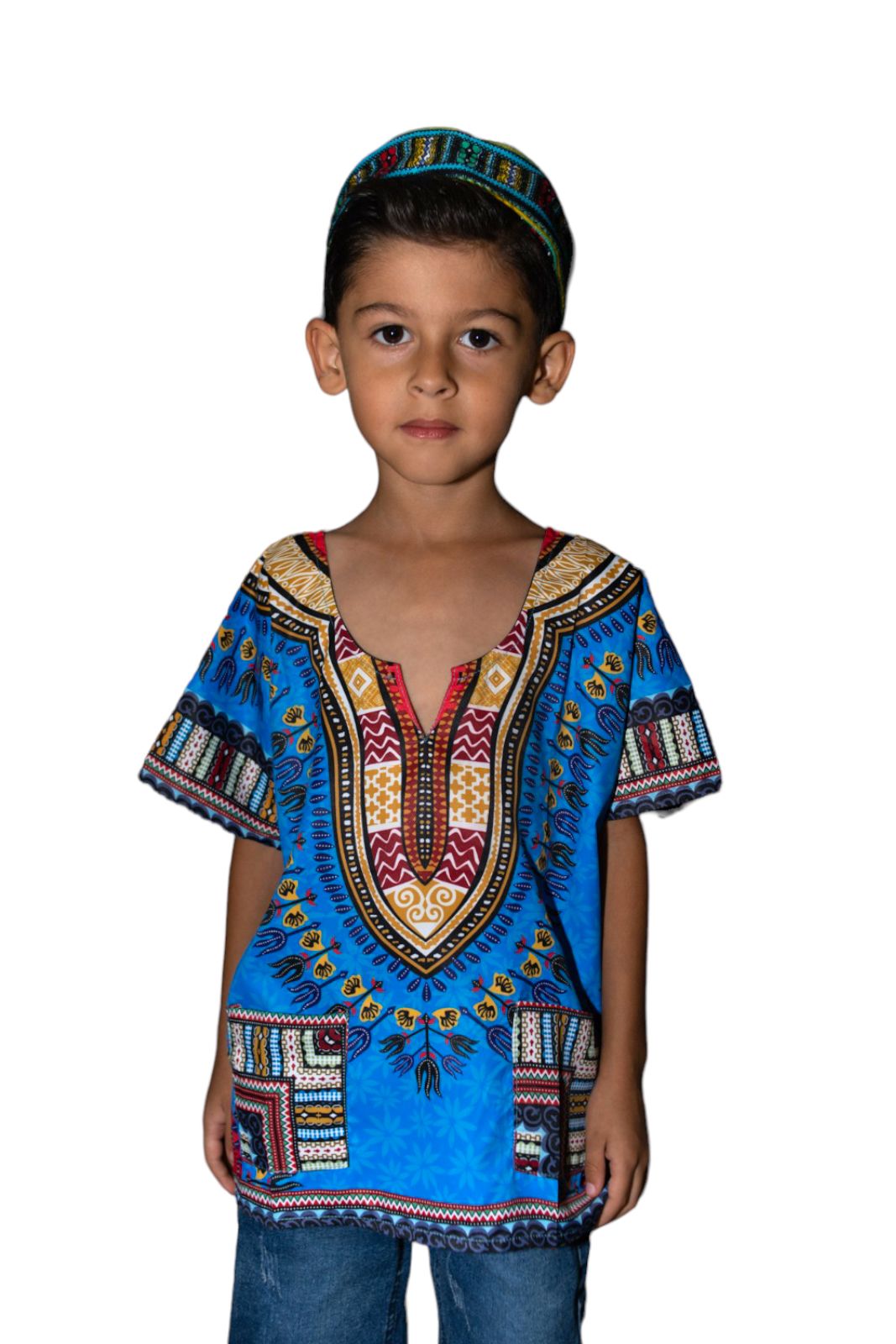 Oferta Combo Camisa Dashiki Afrodescendiente Azul de Niño + Sombrero (Kufi) Combinado