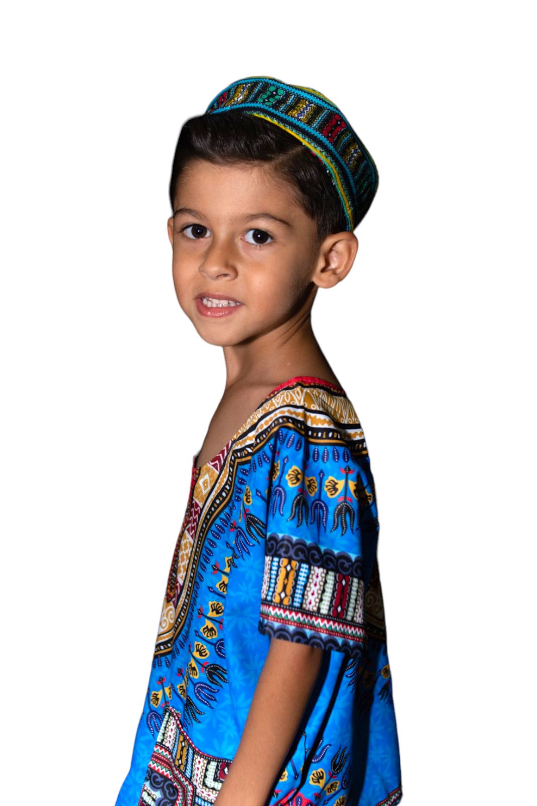 Oferta Combo Camisa Dashiki Afrodescendiente Azul de Niño + Sombrero (Kufi) Combinado