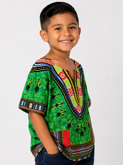 Afro-Caribbean Green Dashiki Shirt for Boys with Pockets