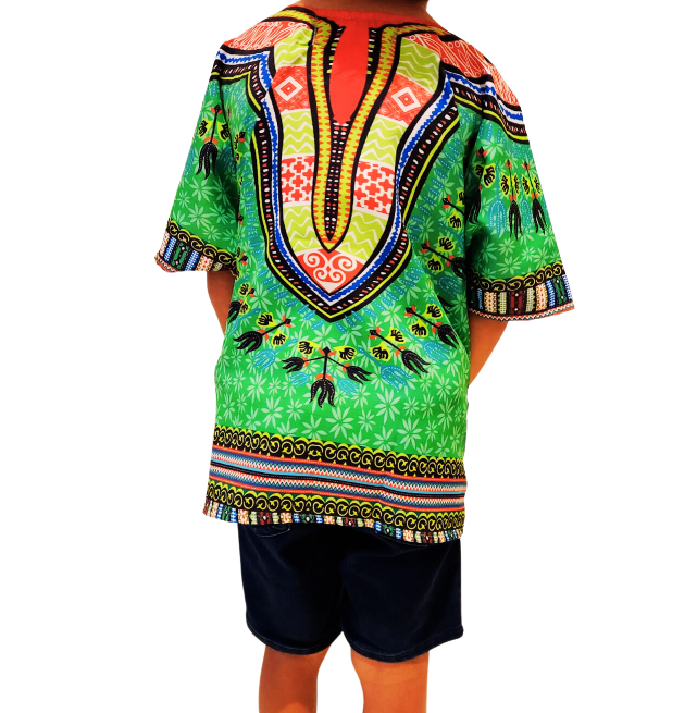 Oferta Combo Camisa Dashiki Afrodescendiente Verde de Niño + Sombrero (Kufi) Combinado