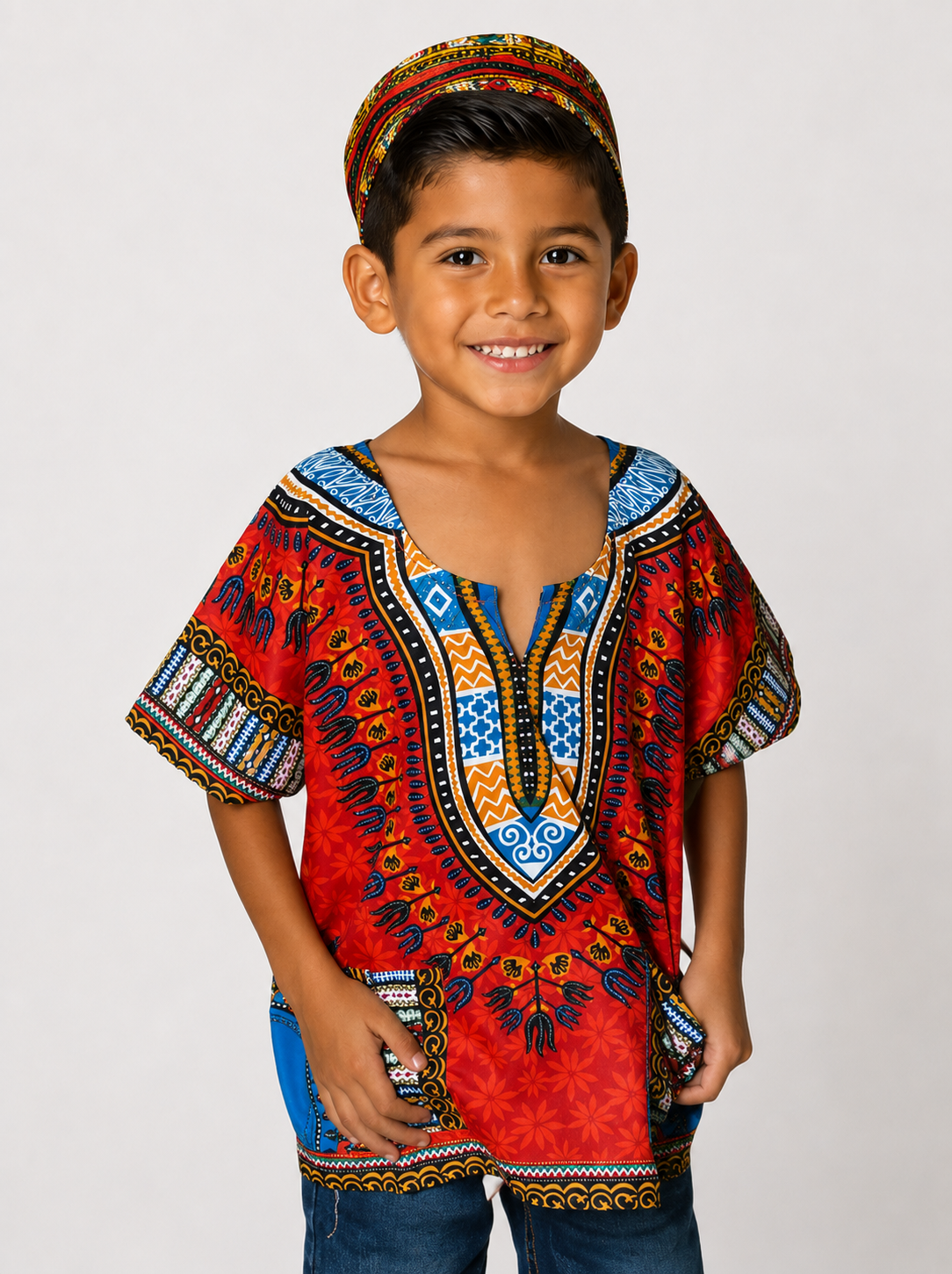 Camisa Dashiki de Niño Afrocaribeño Naranja con Bolsillos Liquidación (Sólo en Tienda Física)