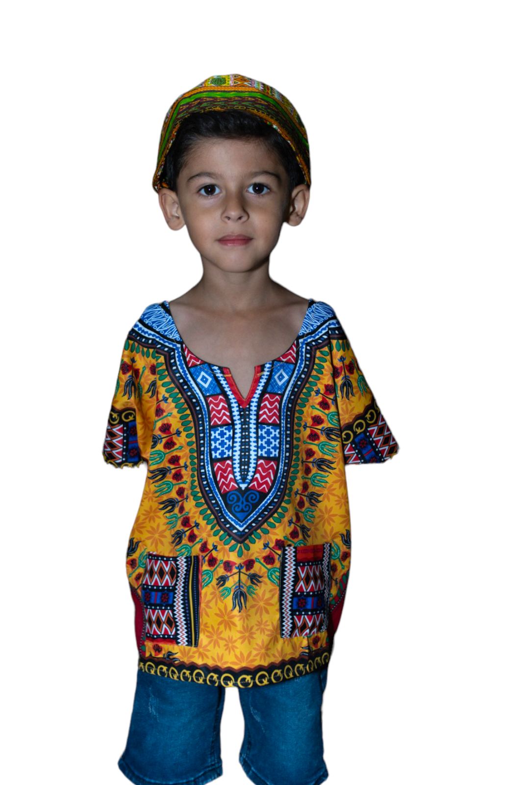 Oferta Combo Camisa Dashiki Afrodescendiente Amarillo de Niño + Sombrero (Kufi) Combinado