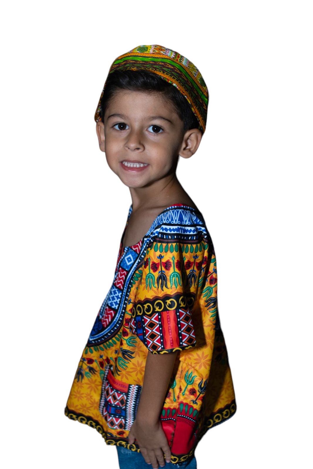 Oferta Combo Camisa Dashiki Afrodescendiente Amarillo de Niño + Sombrero (Kufi) Combinado