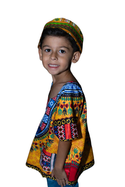 Oferta Combo Camisa Dashiki Afrodescendiente Amarillo de Niño + Sombrero (Kufi) Combinado