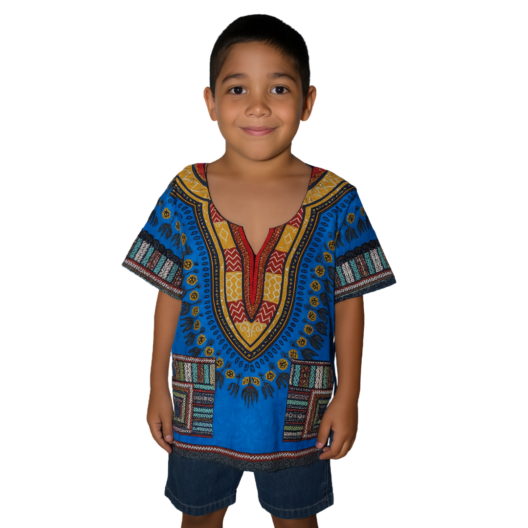 Camisa Dashiki de Niño Afrocaribeño Azul con Bolsillos Liquidación (Sólo en Tienda Física)