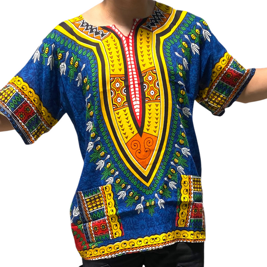 Camisa Dashiki de Hombre con Estampado Afrocaribeño Azul Marino