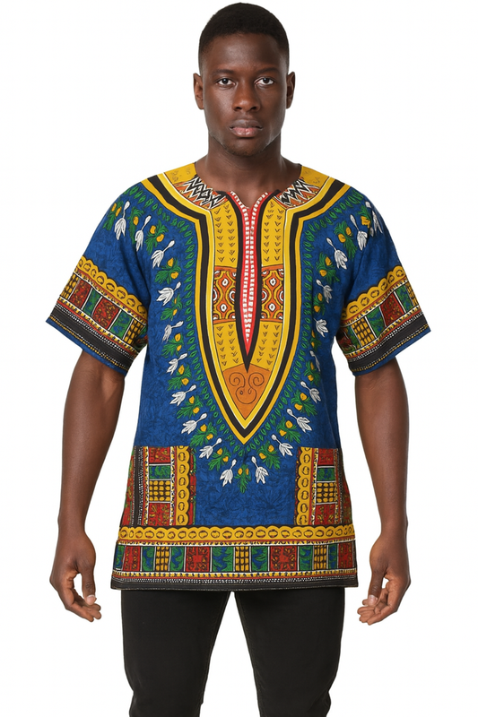 Camisa Dashiki de Hombre con Estampado Afrocaribeño Azul Marino