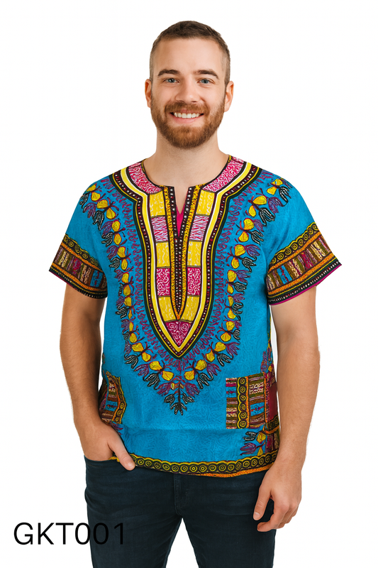 Camisa Dashiki de Hombre con Estampado Afrocaribeño Azul Turquesa