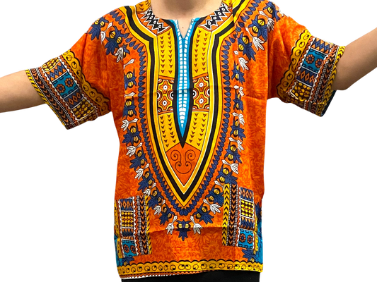 Camisa Dashiki de Hombre con Estampado Afrocaribeño Naranja