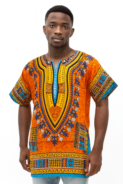 Camisa Dashiki de Hombre con Estampado Afrocaribeño Naranja
