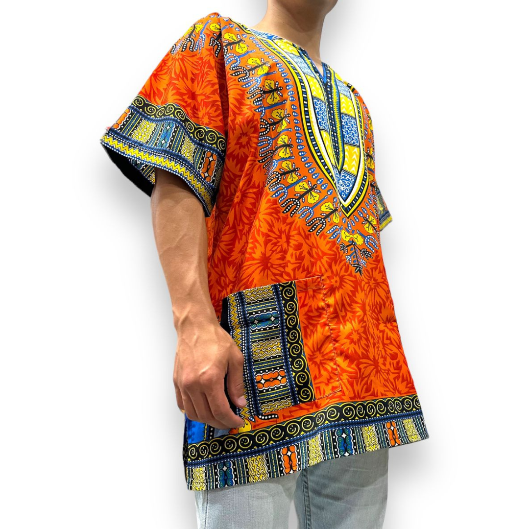 Camisa Dashiki de Hombre con Estampado Afrocaribeño Naranja