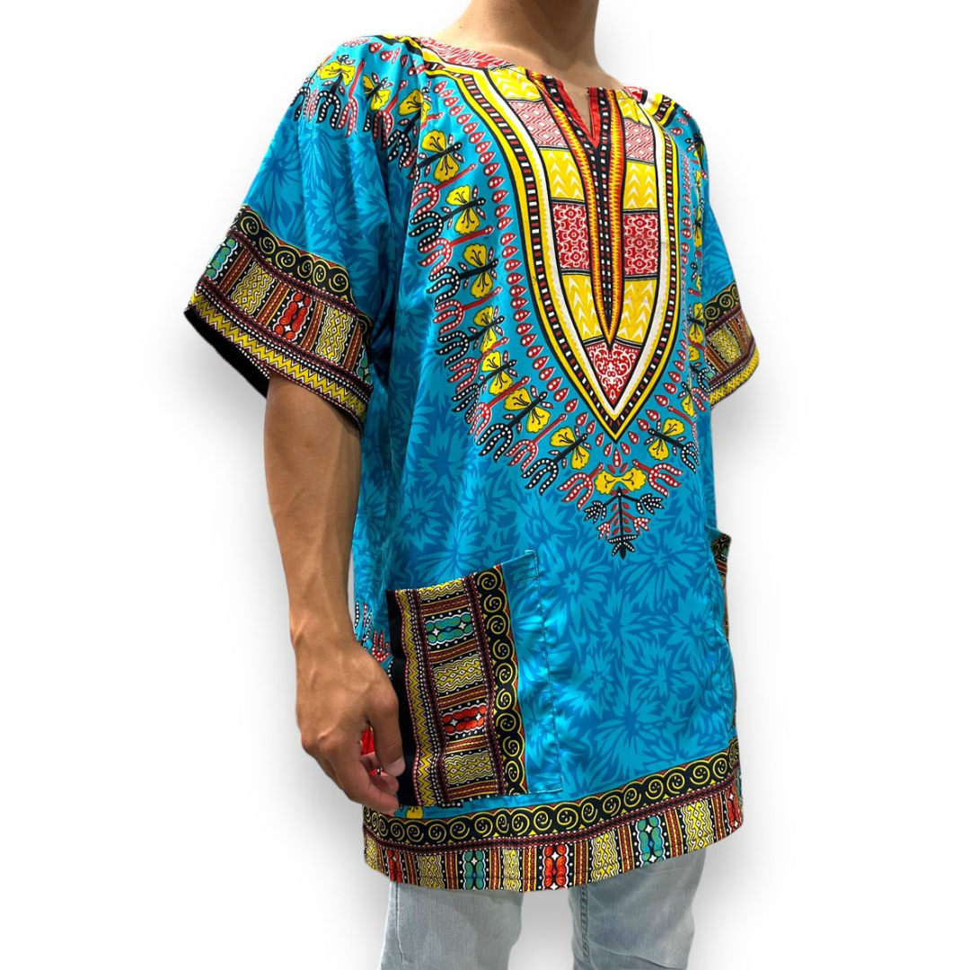 Camisa Dashiki de Hombre con Estampado Afrocaribeño Azul Turquesa