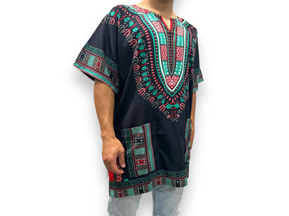 Camisa Dashiki de Hombre con Estampado Afrocaribeño Negro
