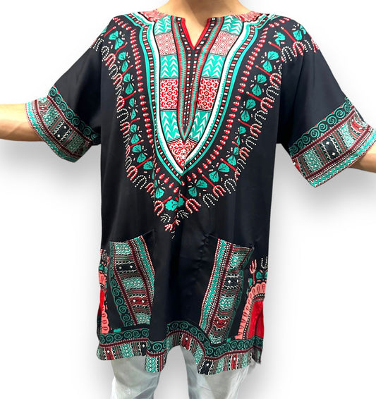 Camisa Dashiki de Hombre con Estampado Afrocaribeño Negro