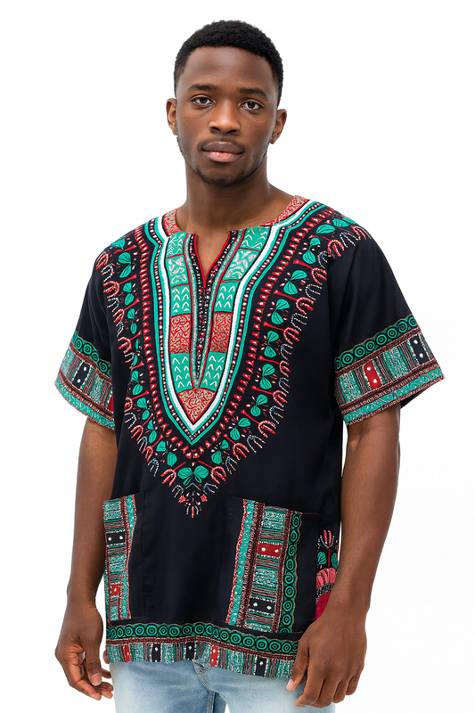 Camisa Dashiki de Hombre con Estampado Afrocaribeño Negro
