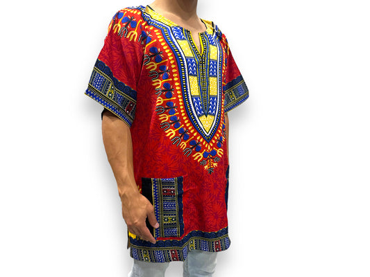 Camisa Dashiki de Hombre con Estampado Afrocaribeño Rojo