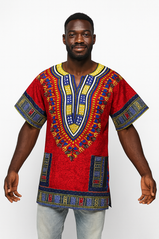 Camisa Dashiki de Hombre con Estampado Afrocaribeño Rojo