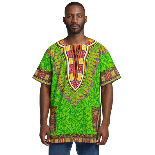 Camisa Dashiki de Hombre con Estampado Afrocaribeño Verde
