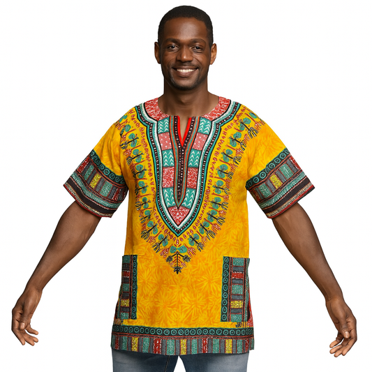 Camisa Dashiki de Hombre con Estampado Afrocaribeño Amarillo