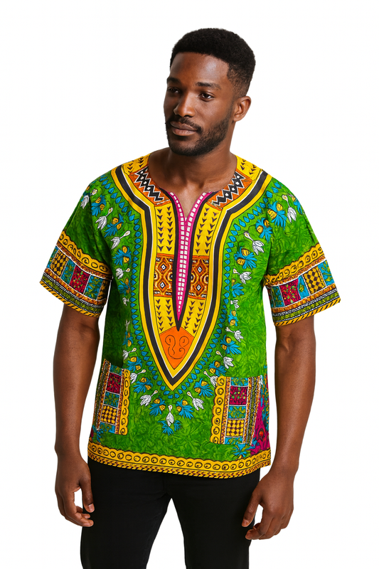 Camisa Dashiki de Hombre con Estampado Afrocaribeño Verde