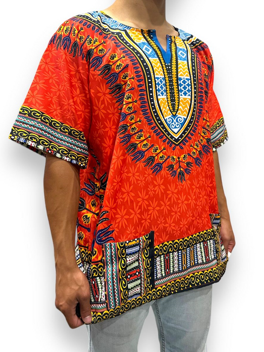 Camisa de Hombre con Estampado Afrocaribeño Naranja