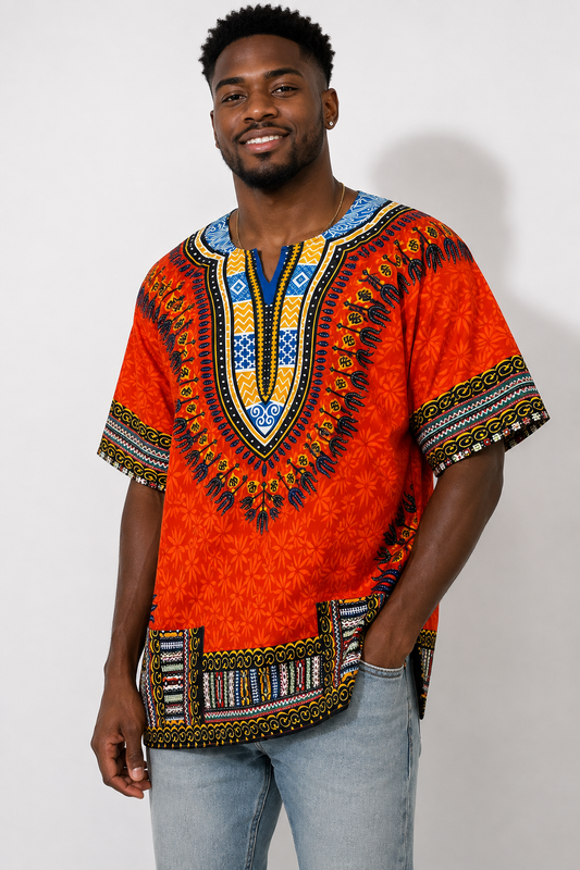 Camisa de Hombre con Estampado Afrocaribeño Naranja