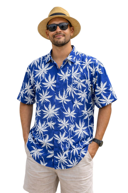 Camisa Hawaiana Playera Caribeña de Caballero Estampado Palmeras Azules