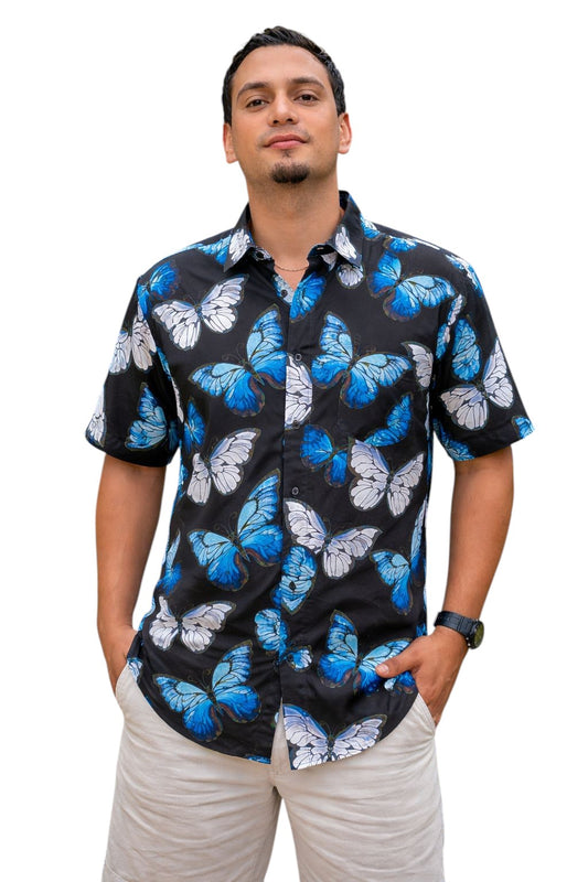 Camisa Hawaiana Playera Caribeña de Caballero Estampado Mariposas