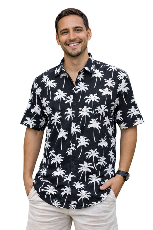 Camisa Hawaiana Playera Caribeña de Caballero Estampado Palmeras Fondo Negro