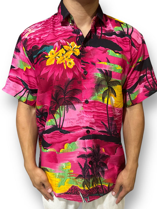 Camisa Hawaiana Playera Caribeña Fucsia de Caballero
