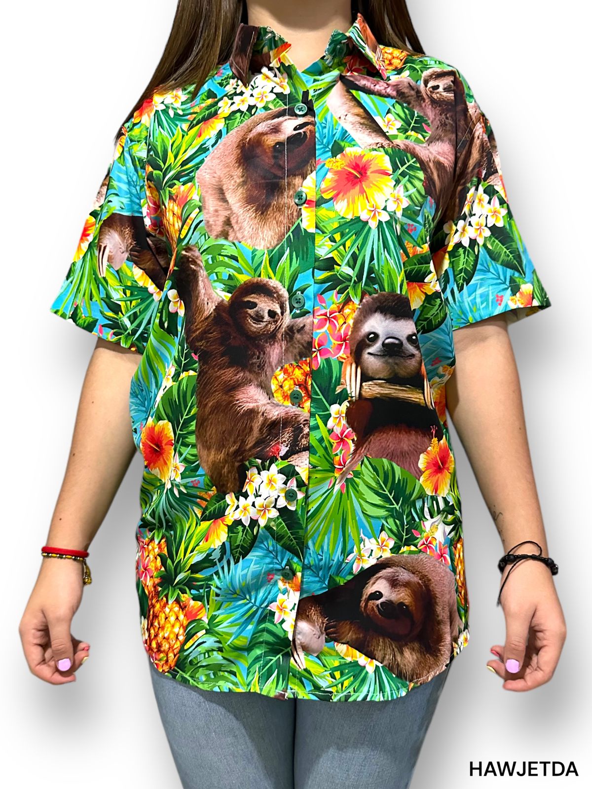 Camisa Hawaiana Playera Caribeña de Dama Oso Perezoso