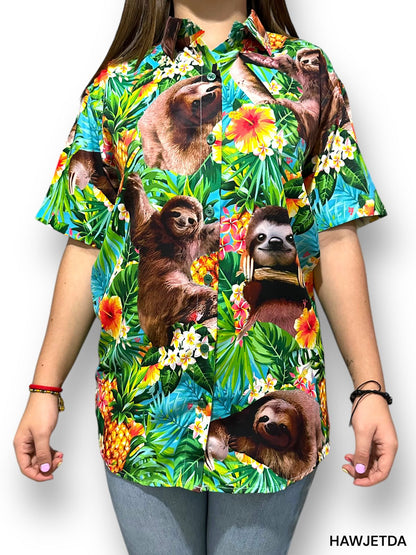 Camisa Hawaiana Playera Caribeña de Dama Oso Perezoso