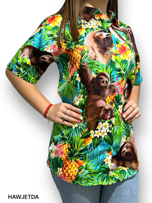 Camisa Hawaiana Playera Caribeña de Dama Oso Perezoso