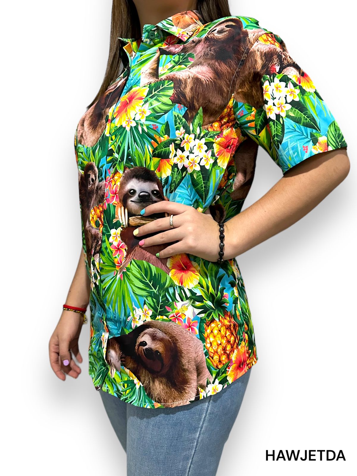 Camisa Hawaiana Playera Caribeña de Dama Oso Perezoso