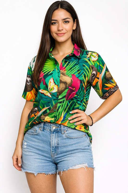Camisa Hawaiana Playera Caribeña de Dama Oso Perezoso