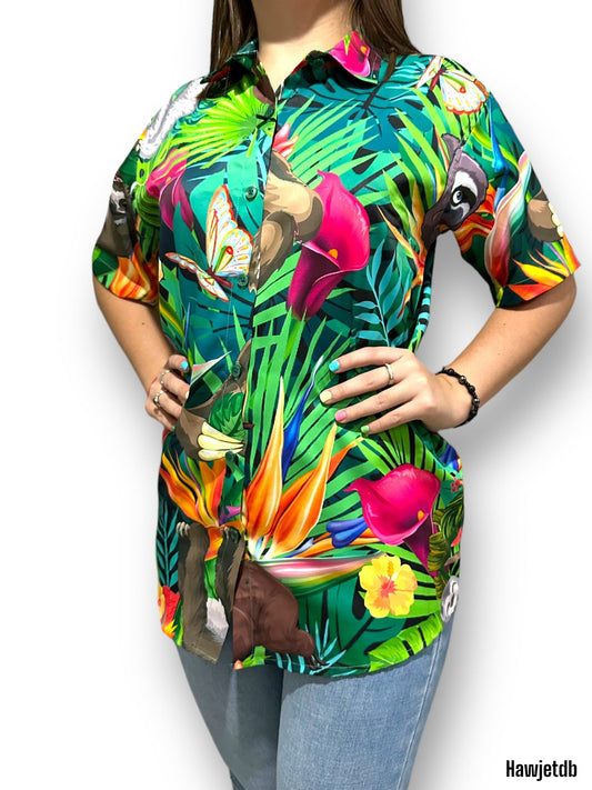 Camisa Hawaiana Playera Caribeña de Dama Oso Perezoso